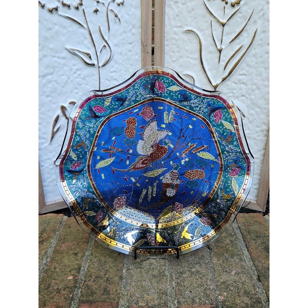 Vtg MCM Houze Art Glass Ruffled Edge Pheasant Decor Bowl Blue Gold Mosaic 12"